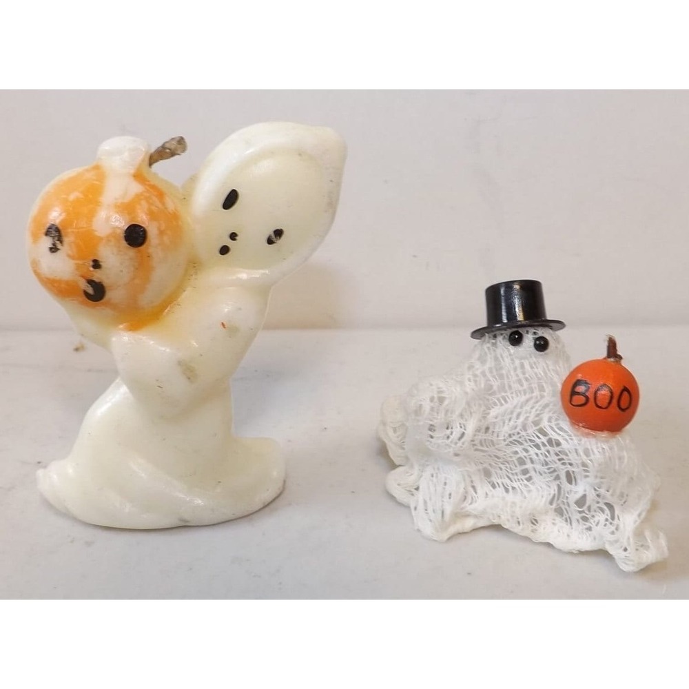 Two Vintage Halloween Ghost Decoration and Candle - See Description for Details